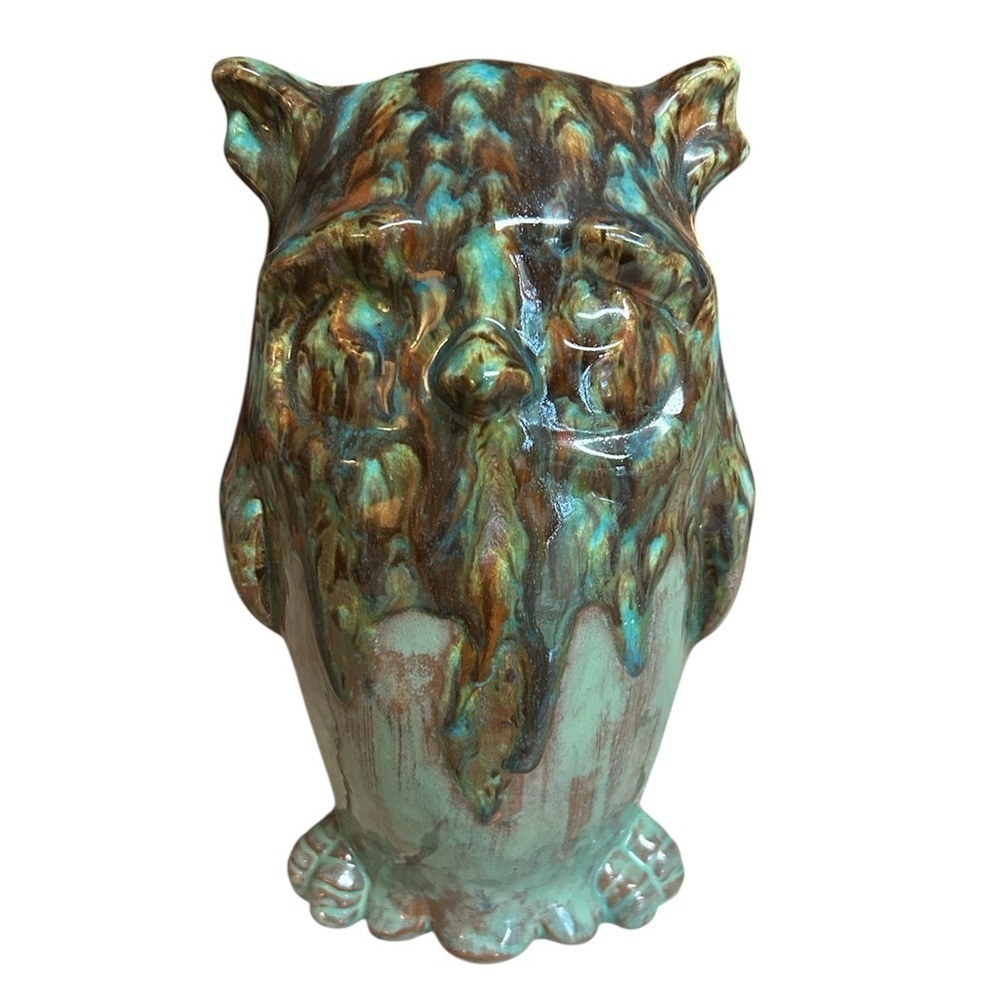 Vintage Owl Ceramic Statuette Drip Glaze Signed 9” Tall